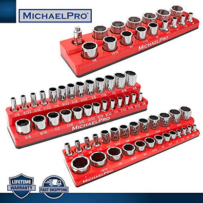 MichaelPro MP014003 3-Pc Magnetic Socket Organizer- 1/4-inch, 3/8-Inch & 1/2-Inch Drive Magnetic Socket Holder Kit in SAE, Professional Grade Socket Organizers for Toolboxes/Cabinets (SAE), Red - size: SAE