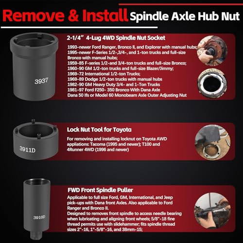 Sunluway 6 Pcs Spindle Nut Socket Set 41660D 4WD Axle Hub Lock Nut Socket Spindle Remover 1/2” Drive for Ford F250 F350 Dana 44/50/60, Toyota, GM Chevy, and Dodge, Lug Out Spindle Nut Socket Set