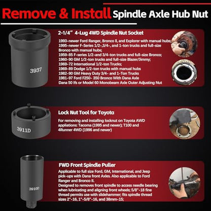 Sunluway 6 Pcs Spindle Nut Socket Set 41660D 4WD Axle Hub Lock Nut Socket Spindle Remover 1/2” Drive for Ford F250 F350 Dana 44/50/60, Toyota, GM Chevy, and Dodge, Lug Out Spindle Nut Socket Set
