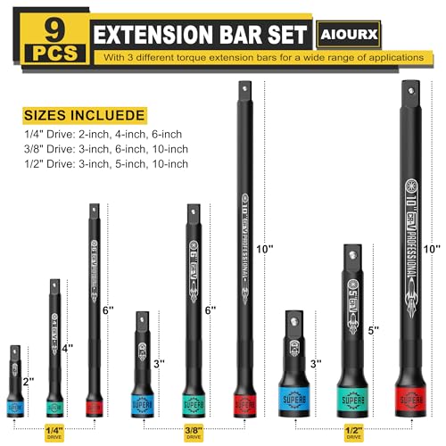 9 Pcs Impact Extension Bar Set, 1/4" 3/8" 1/2" Drive Socket Extension, CR-V Steel, Narrow and Deep Areas in Bicycle, Automotive Repair or Industrial Operations - size: 1/4" 3/8" 1/2" Long Set