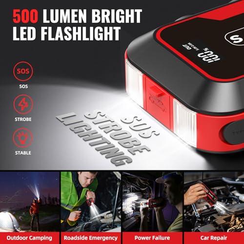 S ZEVZO ET03 4000A Car Jump Starter Jump Starter Battery Pack for Up to 8.0L Gas and 7.0L Diesel Engines, 74Wh Portable 12V Jump Box with USB Ports, LCD Display, Storage Case, and LED Light