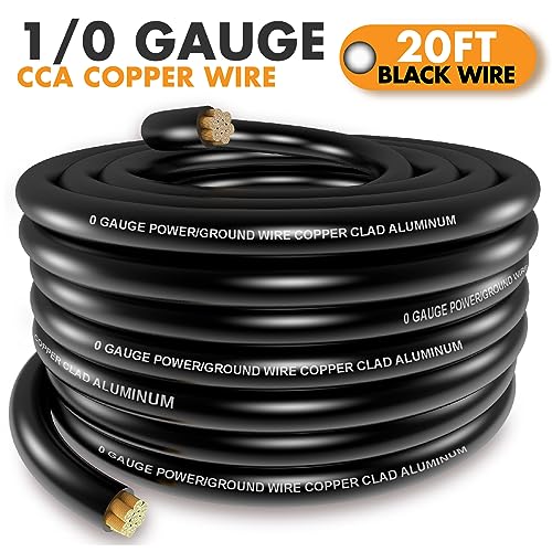 Jeemiter 1/0 Gauge Wire CCA Copper Clad Aluminum (20FT Black) - Battery Cable,Power/Ground Cable with Lug Terminal Connectors & 3:1Heat Shrink Tubing for Car Amplifier,Big 3 Upgrade,Auto - size: 20FT Black