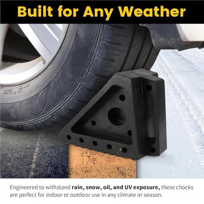 Heavy Duty Solid Rubber Wheel Chocks 2-Pack, Non-Slip Tire Stop Block with Built-in Handle – All-Weather Traction for Truck, RV, Trailer