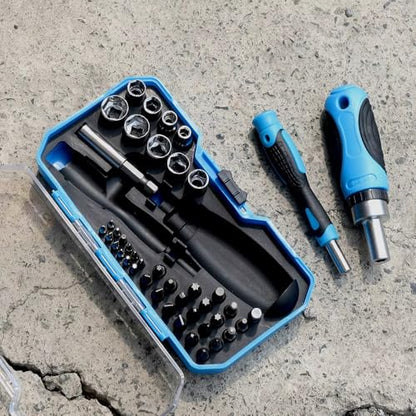 44-Piece Multifunctional Ratchet Screwdriver and Socket Tool Set with Precision Bits, Portable Case