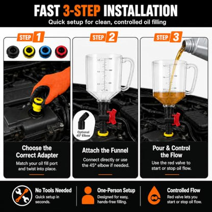 20-Piece No-Spill Engine Oil Funnel Kit with Brake Bleeder Hose and Mechanic Work Glove, 1.59QT/1.5L Set with 12 Adapters for Most Vehicles