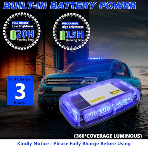 Rechargeable Blue Emergency Roof Top Strobe Light Wireless Battery, 48LED 17 Flashing Modes,High Low Brightness,Hazard Traffic Lights w/Magnetic Base, Remote Control for Construction Vehicles - color: Blue