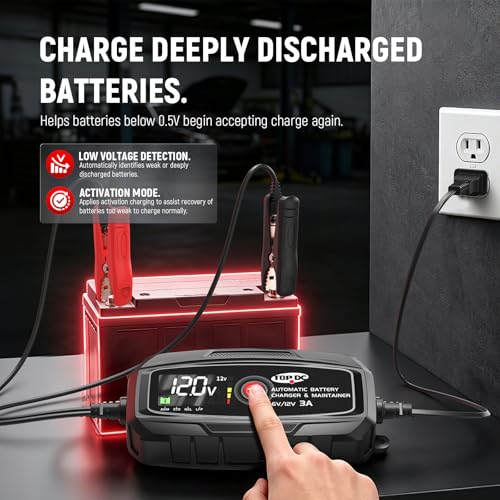 TOPDC 3A 6V/12V Automatic Battery Charger & Maintainer – Smart Trickle Charger for Car, Motorcycle, Boat, Lawn Tractor, RV, ATV – Lead-Acid (AGM/STD/Gel) & LiFePO4 (LFP) – Desulfator & Recondition - size: 3A