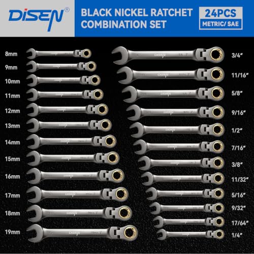 DISEN 24pcs 90-Teeth Ratchet Wrenches Set, Flex Head Ratcheting Wrench Set Metric 8MM-19MM and SAE Wrenches 1/4 Inch-3/4 Inch, Nickel Plating Cr-V Constructed with Organizer Rack