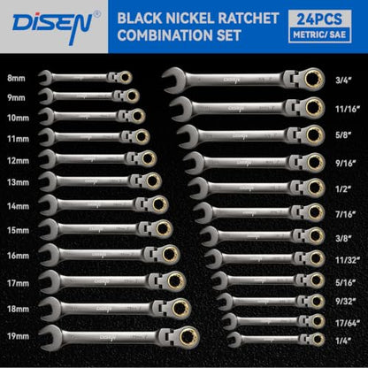 DISEN 24pcs 90-Teeth Ratchet Wrenches Set, Flex Head Ratcheting Wrench Set Metric 8MM-19MM and SAE Wrenches 1/4 Inch-3/4 Inch, Nickel Plating Cr-V Constructed with Organizer Rack