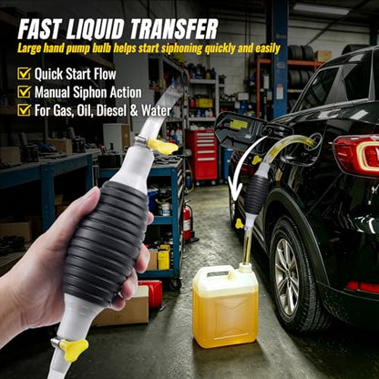 Manual Siphon Pump, 9.84FT Fuel Transfer Pump for Gasoline Diesel Oil Water, Portable Hand Pump Siphon Hose with PVC Hose, Switch Valve, Hose Retainer and Metal Clips