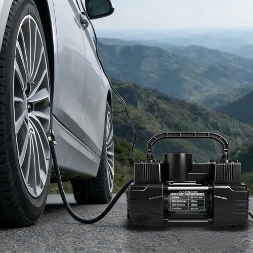 Rapid Inflation Heavy-Duty Portable Dual-Cylinder Tire Inflator with Pressure Gauge - 12V 150PSI Metal Air Compressor (LED Light), Adapters & Storage Bag Included, Fits Cars, RV Tires - style: Manual