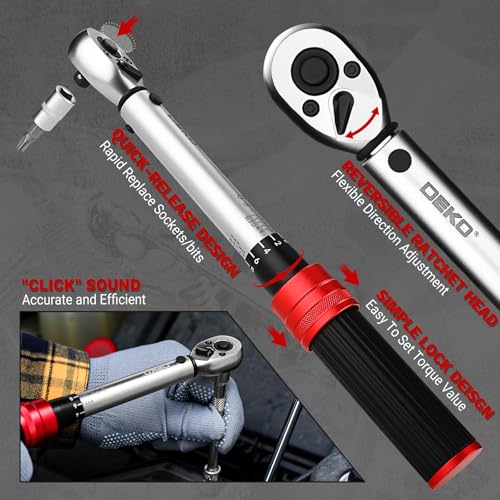 DEKOPRO 26Pcs Bike Torque Wrench Set, 1/4 Inch Drive Torque Wrench, 20-200 IN.LB(2.3-22.2 Nm), ±3% Accuracy, 72 Tooth Dual-Direction Adjustable with Socket Bits, for Mountain Bike, Bicycle Repair - size: 1/4 Inch (20-200 in.-lb.)