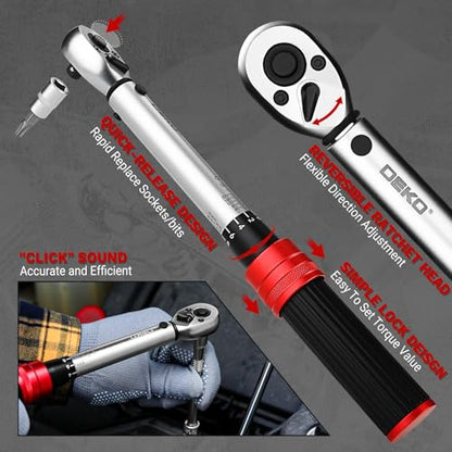 DEKOPRO 26Pcs Bike Torque Wrench Set, 1/4 Inch Drive Torque Wrench, 20-200 IN.LB(2.3-22.2 Nm), ±3% Accuracy, 72 Tooth Dual-Direction Adjustable with Socket Bits, for Mountain Bike, Bicycle Repair - size: 1/4 Inch (20-200 in.-lb.)