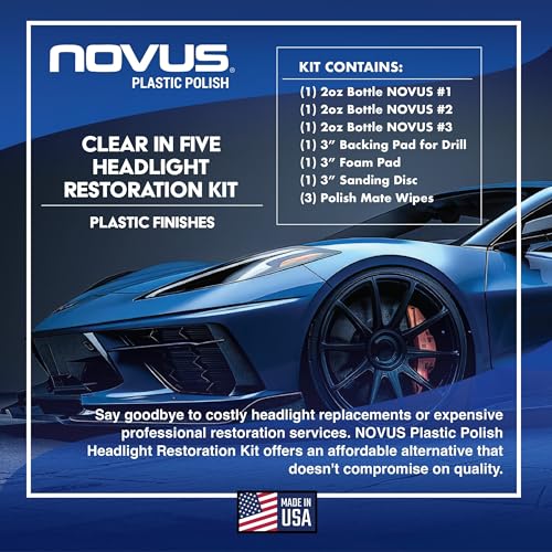 NOVUS Clear in Five Headlight Restoration Kit | 2 Ounce #1, 2, & 3 Bottles, Buffing Pad, Backing Pad Drill Attachment, 1,000 Grit Sanding Disk, 3 Polish Mates - size: NOVUS Headlight Restoration Kit