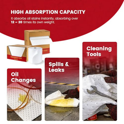 Oil Absorbent Pads Roll | 16"x20" Oil-Only Spill Mat 100-Pack | Industrial Spill Control for Oil & Fuel(24 Gal/Box) | Repels Water Absorbing Rolls - color: 100pack 3mm Thickened/Oil Only rolls(16"x20")