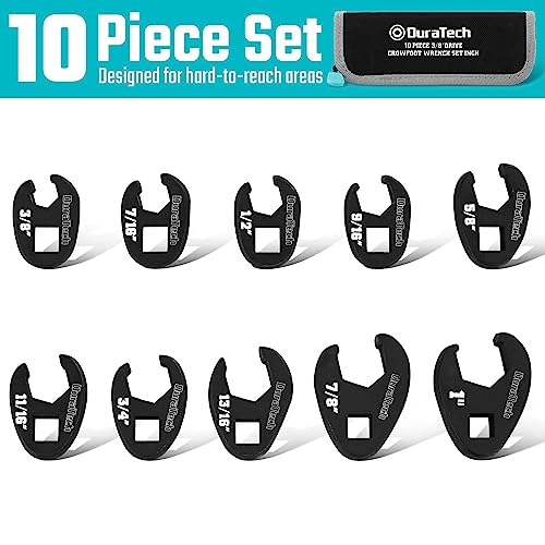 DURATECH 10-Piece 3/8 Inch Drive Crowfoot Wrench Set, SAE, CR-V Steel, with Zipper Bag - size: SAE, style: Flare nut