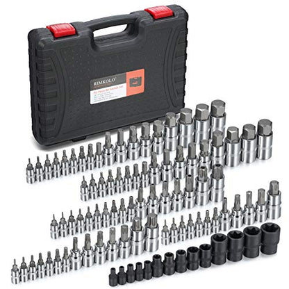 92-Piece Allen and Torx Bit Socket Set, 1/4" 3/8" and 1/2" Drive Tamper Proof Torx/Hex SAE & Metric Bit Set