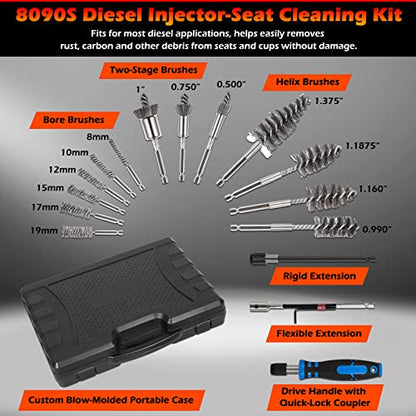 Professional Diesel Injector-Seat Cleaning Kit 8090S on Cylinder Heads, Including Helix Brushes, Two-Stage Brushes, Bore Brushes and Swabs (Stainless Steel, 17-Pack)