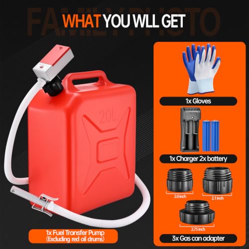 Portable fuel transfer pump with automatic shut-off, flow rate 3.8 gallons per minute, 51-inch hose, includes 4 tank adapters, suitable for gasoline, diesel, motor oil, and urea (Red)