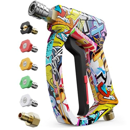 Short Pressure Washer Gun, Power Washer Gun | 4000PIS Pressure Washer Wand for Foam Cannon, 3/8" & M22-14mm Connect, 1/4" Quick Connect, Car Washer Gun 5 Spray Nozzle - color: Graffiti-Fixed Inlet