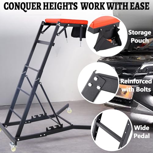 Adjustable Automobile Topside Creeper 42.5"-66" High Range with Wheels & Tool Pouch & Padded Deck, 330 Lbs Capacity, Foldable Automotive Engine Creeper for Trucks Garage Auto Repair Maintenance