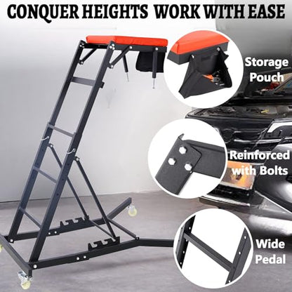 Adjustable Automobile Topside Creeper 42.5"-66" High Range with Wheels & Tool Pouch & Padded Deck, 330 Lbs Capacity, Foldable Automotive Engine Creeper for Trucks Garage Auto Repair Maintenance