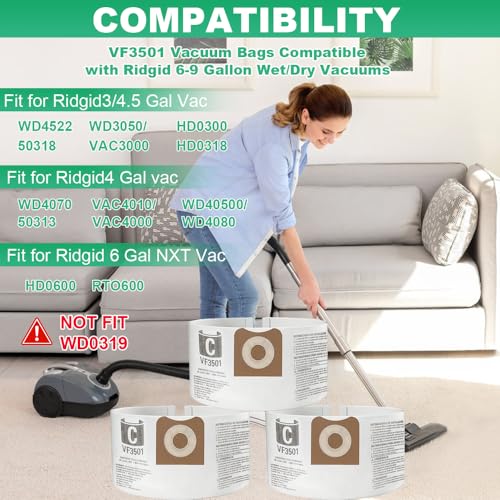 3 Pcs VF3501 Vacuum Bags Compatible with Ridgid 3-4.5 Gallon Wet/Dry Vacuum | 23738 VF3501 Shop Vac bags 3-4.5 Gallon, Size C VF3501 High-Efficiency Dust Collection Vac Bags, Part # 23738 WS32045F - size: VF3501