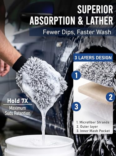 TAKAVU Car Wash Mitt, 2 Pack Microfiber, Scratch-Free (Black & White) | Soft Lint-Free Wash Gloves Hold Sudsy Water for Auto Detailing, Machine Washable, Safe on Paint & Coat - color: Black