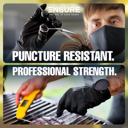 Ensure Black Nitrile Gloves – 7 Mil Heavy-Duty Disposable Gloves, Low Dermatitis, Powder & Latex Free, Puncture & Chemical Resistant for Mechanic, Industrial, Food Service, Medical Use (100, X-Large) - size: X-Large
