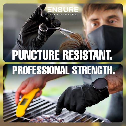 Ensure Black Nitrile Gloves – 7 Mil Heavy-Duty Disposable Gloves, Low Dermatitis, Powder & Latex Free, Puncture & Chemical Resistant for Mechanic, Industrial, Food Service, Medical Use (100, Small) - size: Small
