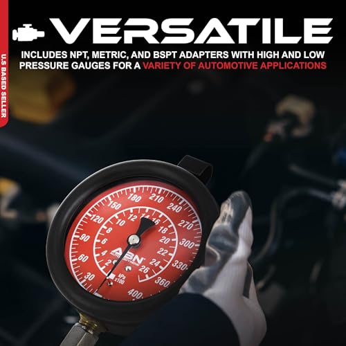 ABN Engine Oil Pressure Tester Tool Kit – Professional Oil Pressure Gauge Kit up to 400 PSI, High and Low Pressure Gauge Kit for Engine Diagnostic, Engine Oil Pressure Tool Kit | Engine Oil & Transmission Gauge Kit, Dual Gauges 0-100 & 0-400 PSI, 14 Adapt