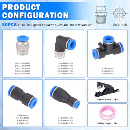 80 Pcs Quick Connect Air Line Fittings Kit Pneumatic Push Lock Air Fittings 1/8",1/4",3/8",1/2" Push to Connect & NPT Thread Air Hose Fittings Quick Release Airline Fitting Kit - color: Black-80PCS