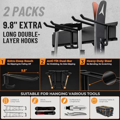 66" Heavy Duty Garage Tool Organizer Wall Mount, Steel Garage Storage Rack Holds up to 900 lbs with Adjustable Hooks, Wall Mounted Tool Organizer for Garage, Shed & Yard, 4 Panels, 10 Hooks & 2 Straps - size: 66"|4 Panels+10 Hooks+2 Straps