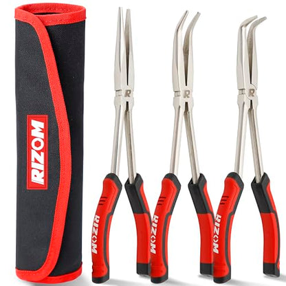 RIZOM 11 Inch Long Needle Nose Pliers, 3Pcs Needle Nose Pliers Set, 90° & 45° Bent Nose Pliers Designed for Long Reach and Narrow Spaces, Includes Storage Bag - size: 3PCS-1