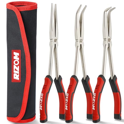 RIZOM 11 Inch Long Needle Nose Pliers, 3Pcs Needle Nose Pliers Set, 90° & 45° Bent Nose Pliers Designed for Long Reach and Narrow Spaces, Includes Storage Bag - size: 3PCS-1