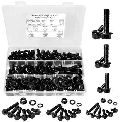 248PCS Flanged Hex Head Bolts, Hakkin Black Metric Bolt m6 m8 m10 Machine Screw Assortment Kit, M6-1.0 M8-1.25 M10-1.5 Flanged Screws Nuts Flat Spring Washers, Assorted Screws Nuts - size: 248PCS M6 M8 M10 Flanged Bolts Black