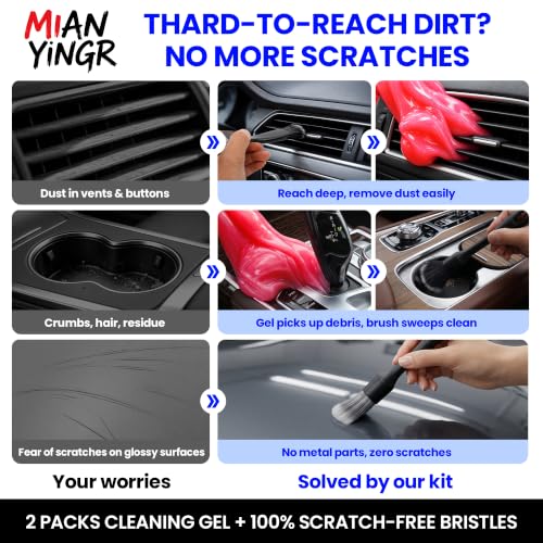 Detailing Brush Set, 9PCS Car Detailing Kit Interior with 2 Cleaning Gel & Towel, Boar Hair Car Detailing Brush, Soft Bristle Dust Brush for Dashboard Vents, Auto Truck SUV RV Accessories
