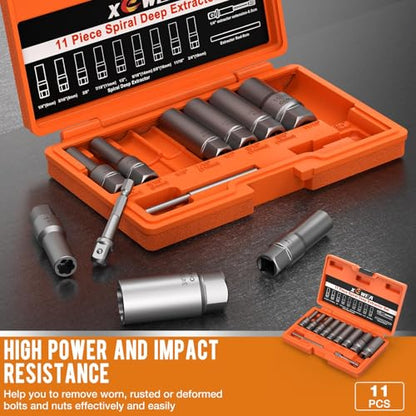 XEWEA 11PCS Deep Spiral Bolt Extractor Kit, Bolt & Nut Remover Easy-Out Set | Deep Socket Tools For Removing Broken, Frozen, Rusted, Rounded-Off Bolts, Studs, Nuts & Screws,Friendly Narrow Spaces - size: 11PCS