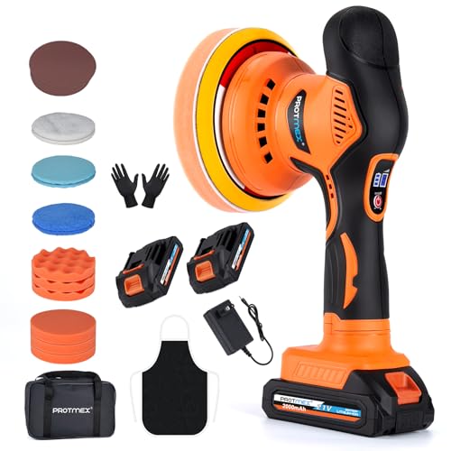 Protmex Cordless Car Buffer Polisher w/ 2x2000mAh 21V Batteries, 6 Inch Car Buffer Waxer Kit, Car Polishing Machine w/Extra 18 PCS Attachments & 6 Variable Speed - color: Orange