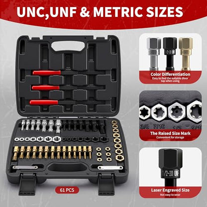 61 Pcs Thread Chaser Set, Metric & SAE Thread Repair Kit with Pitch Gauge - Clean and Restore Damaged Threads on Automotive, Motorcycle, Engine Blocks, Nuts & Bolts, Ideal for DIY Repairs