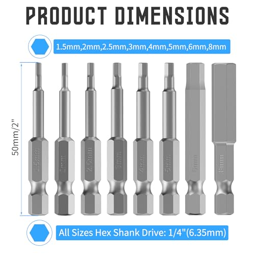 8 Pcs S2 Steel Hex Bit Set, H1.5-H8, 50mm Length, 1/4" Shank | Magnetic Hex Head Allen Wrench Screwdriver Bit Set, 1/4" Hex Shank, Impact Driver Bits for Auto Repair, Furniture & DIY - size: 8 pcs/set, style: 50mm