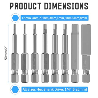 8 Pcs S2 Steel Hex Bit Set, H1.5-H8, 50mm Length, 1/4" Shank | Magnetic Hex Head Allen Wrench Screwdriver Bit Set, 1/4" Hex Shank, Impact Driver Bits for Auto Repair, Furniture & DIY - size: 8 pcs/set, style: 50mm
