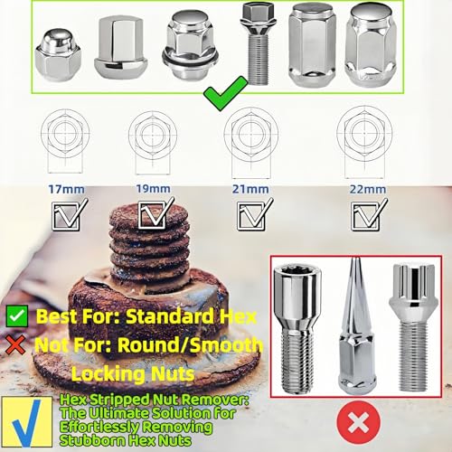 5PCS Lug Nut Removal Tool, 17/19/21/22MM Impact Bolt Extractor Set, CR-MO Steel Wheel Lock Removal Kit for Damaged/Rusted Nuts, Compatible with 1/2" Drive Impact Wrench