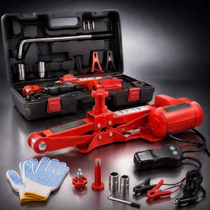 Steel 3 Ton Electric Car Jack Kit, Portable 12v Electric Scissor Jack Featuring Lug Wrench, Safety Stop, and Case, Emergency Tire Changing Tool Kit for Sedan SUV Tire Replacement (Red)