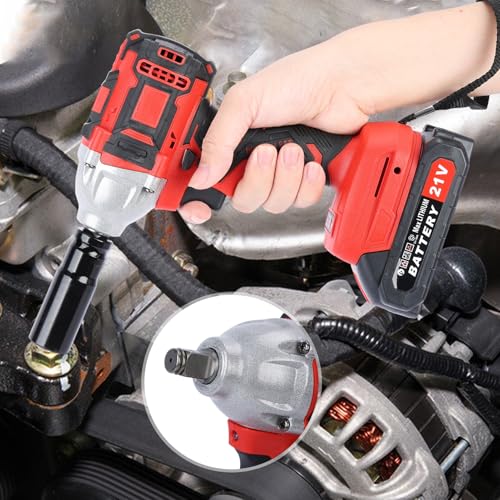 21V Cordless Impact Wrench, Battery-Powered Impact Driver with 520N.m Torque, Brushless Motor, 2 Batteries, 5 Sockets, Accessories, Power Tool for Lugs Nut Removal, Car Repairs, Home Projects Red