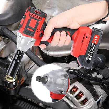 Cordless Impact Wrench - 21V Brushless Motor, 520Nm High Torque, 1/2 Inch Electric Impact Driver, Includes 2 x 1500mAh Batteries - Ideal for Car, Lawn Mower, Red