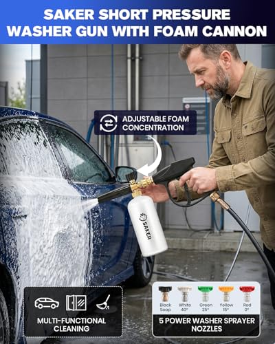 Saker Short Pressure Washer Gun with Foam Cannon, M22-14 to M22-15 and M22-14 to 3/8 Inch Brass Adapter Connector, with 5 Pressure Washer Nozzles - size: Two-Piece Set