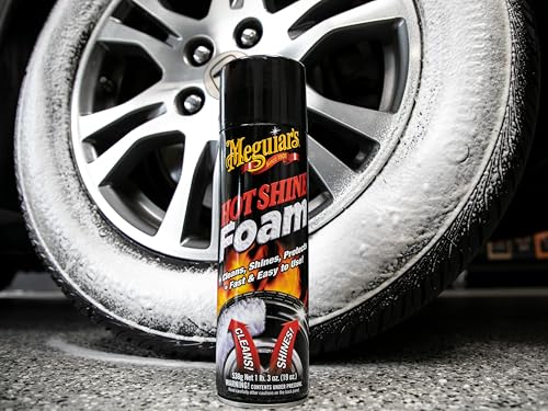 Meguiar's Hot Shine Tire Foam - High Goss Tire Shine that Cleans, Shines, and Protects in One, Deep, Black Shine with Conditioners and UV Protection to Help Keep Tires Looking Like New, 19 Oz Aerosol - size: 1-pack