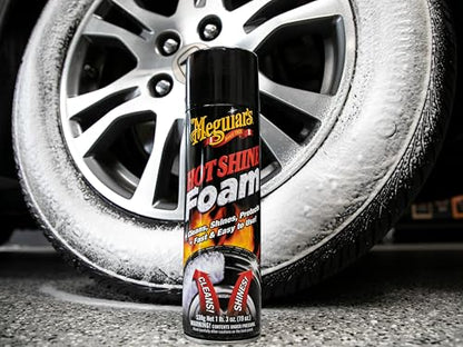 Meguiar's Hot Shine Tire Foam - High Goss Tire Shine that Cleans, Shines, and Protects in One, Deep, Black Shine with Conditioners and UV Protection to Help Keep Tires Looking Like New, 19 Oz Aerosol - size: 1-pack
