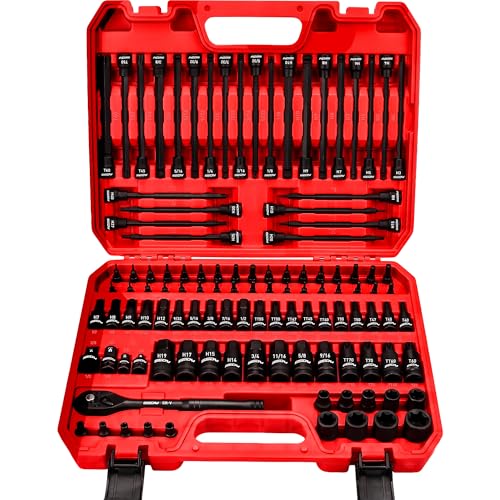 112-Piece Torx and Allen Bit Socket Set, 1/4", 3/8",1/2" Drive Bit Socket Set with Quick-Release Ratchet Wrench, Adapters, Extra long torx/Tamper proof torx/Hex/Ball End Hex/E-Trox,SAE/Metric,S2 Steel - style: 112-Piece Ultimate Set
